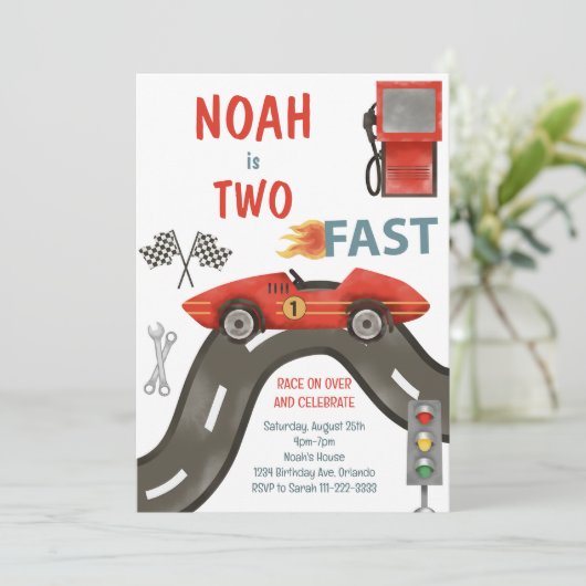 Twee snelle race auto jongen 2e verjaardag uitnodi kaart (Staand voorkant)