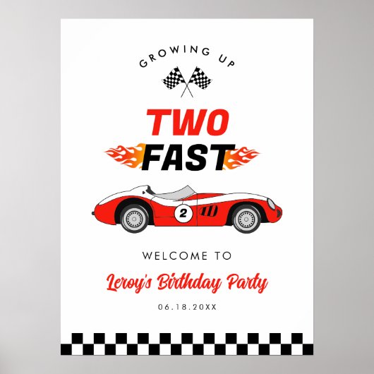 Twee snelle Race Car Boy 2e Verjaardag Welkom Poster (Voorkant)