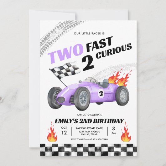 Twee snelle race Paarse auto 2e race meisje verjaa Kaart (Voorkant)