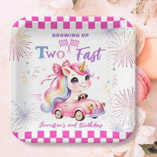 Twee snelle Race Roze Auto Meisje 2e Verjaardagsfe Papieren Bordje
