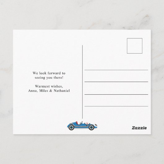 Twee snelle raceauto 2e verjaardag viering briefkaart (Achterkant)
