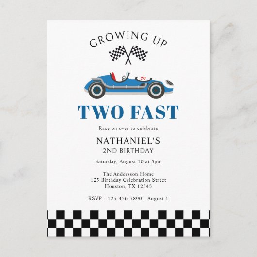Twee snelle raceauto 2e verjaardag viering briefkaart (Voorkant)