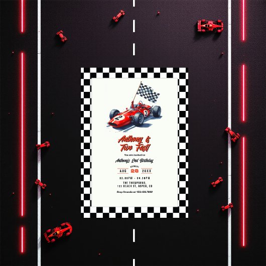 Twee snelle raceauto 2e verjaardagsfeest kaart