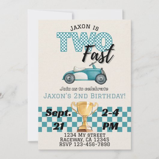Twee snelle, raceauto thema verjaardagsuitnodiging kaart (Voorkant)