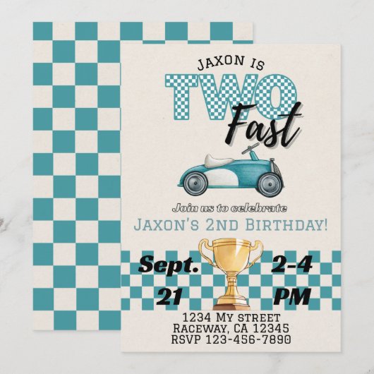 Twee snelle, raceauto thema verjaardagsuitnodiging kaart (Voorkant / Achterkant)