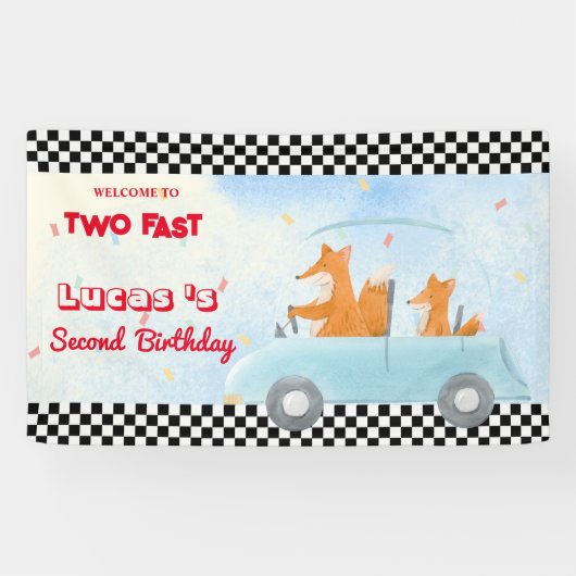 Twee snelle Red Fox Race Car 2e HBD Party Spandoek (Horizontaal)