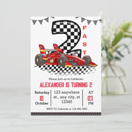 Twee snelle rode race verjaardagsjongen kaart (Staand voorkant)