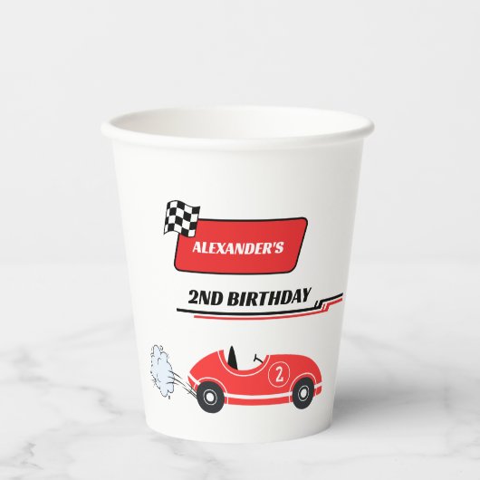 Twee snelle rode raceauto jongen 1e verjaardag papieren bekers (Voorkant)
