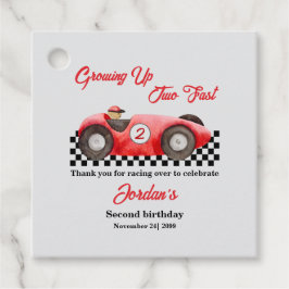Twee snelle rode raceauto's 2e verjaardag bedankjes labels