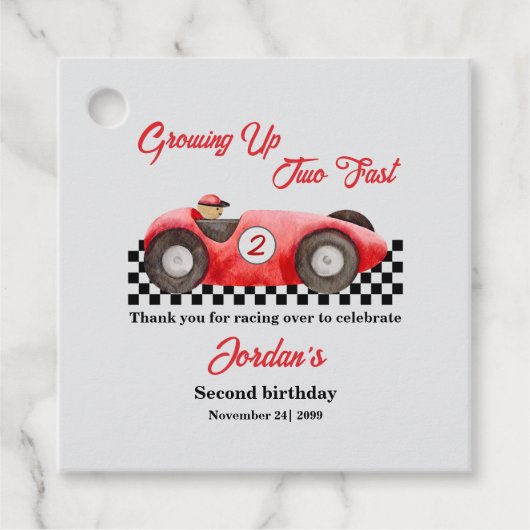 Twee snelle rode raceauto's 2e verjaardag bedankjes labels (Voorkant)
