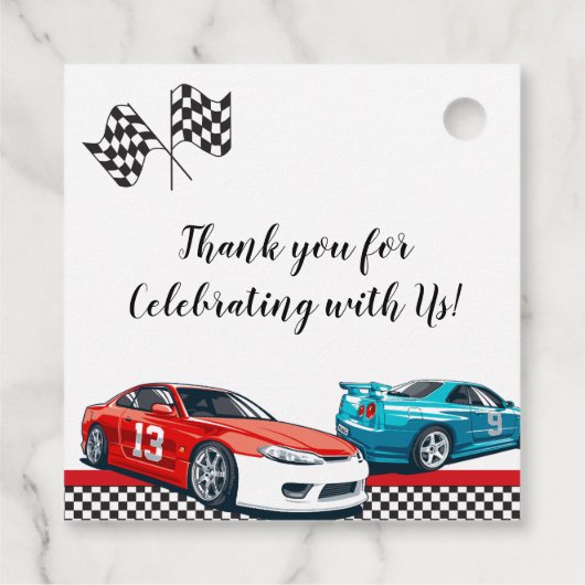 Twee snelle rode raceauto's bedankjes labels (Achterkant)