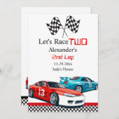 Twee snelle rode raceauto's redden de datum save the date (Voorkant / Achterkant)