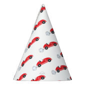 Twee snelle rode retro raceauto thema verjaardag feesthoedjes (Links)