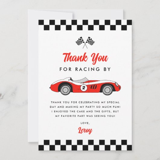 Twee snelle rode vintage raceauto jongen verjaarda bedankkaart (Voorkant)
