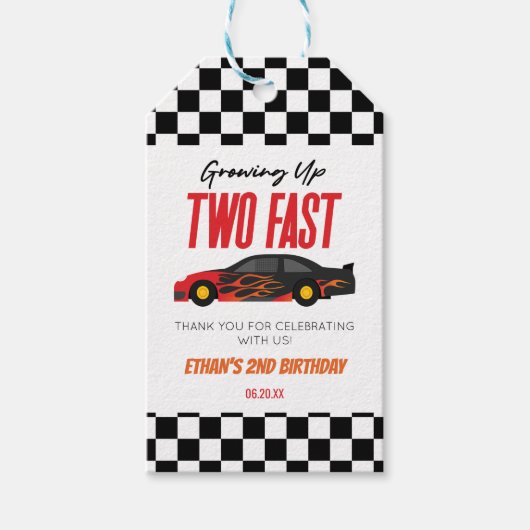 Twee snelle rode vlam raceauto 2e verjaardagsfeest cadeaulabel (Voorkant)