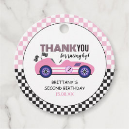 Twee snelle roze race auto tweede verjaardag bedankjes labels
