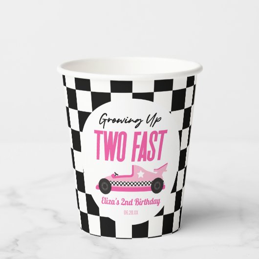 Twee snelle roze ritten tweede verjaardag papieren bekers (Achterkant)