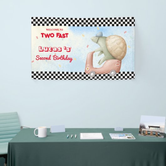 Twee snelle roze schildpad fiets race auto 2e HBD  Spandoek (Beurs)