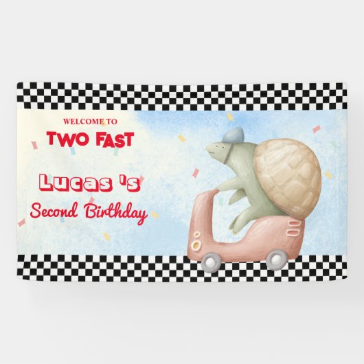 Twee snelle roze schildpad fiets race auto 2e HBD  Spandoek (Horizontaal)