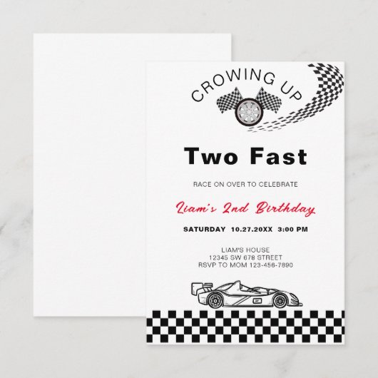 TWEE Snelle Verjaardag Race Car Download Kaart (Voorkant / Achterkant)