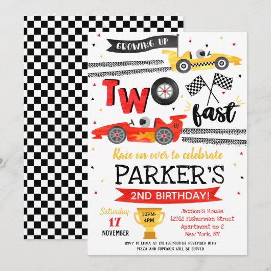 Twee snelle verjaardagsfeestje rode raceauto 2e ve kaart (Voorkant / Achterkant)