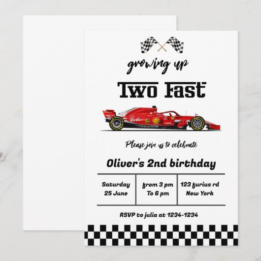 Twee snelle verjaardagsuitnodiging, 2e verjaardags kaart (Voorkant / Achterkant)