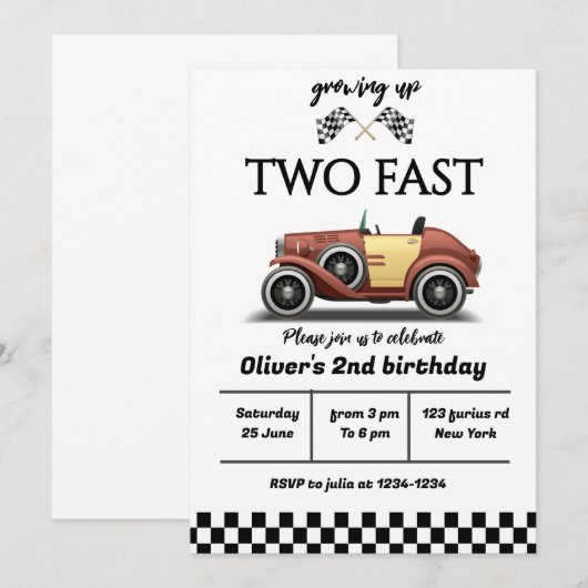 Twee snelle verjaardagsuitnodiging, 2e verjaardags kaart (Voorkant / Achterkant)