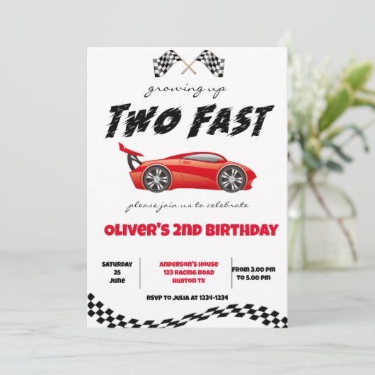 Twee Snelle verjaardagsuitnodiging, jongen race ui Kaart (Staand voorkant)