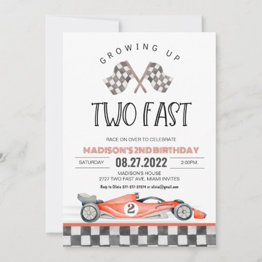 Twee snelle verjaardagsuitnodiging Race Car 2e ver Kaart (Voorkant)