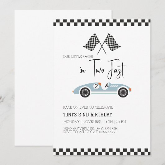 Twee snelle verjaardagsuitnodiging, raceauto kaart (Voorkant / Achterkant)