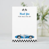 Twee snelle vintage blauwe raceauto jongen 2e verj bedankkaart (Staand voorkant)