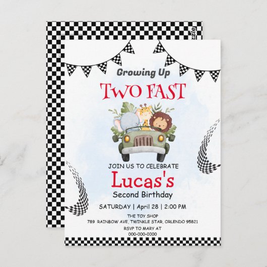 Twee snelle wilde safari raceauto 2de verjaardagsf briefkaart (Voorkant / Achterkant)