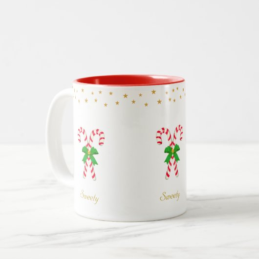 Twee snoepjes, gouden sterren en bewerkbare tekst tweekleurige koffiemok (Voorkant links)