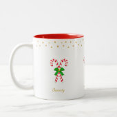 Twee snoepjes, gouden sterren en bewerkbare tekst tweekleurige koffiemok (Links)