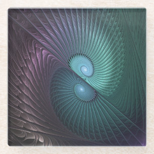 Twee spiralen Kleurrijke Moderne Abstracte Fractal Glazen Onderzetter