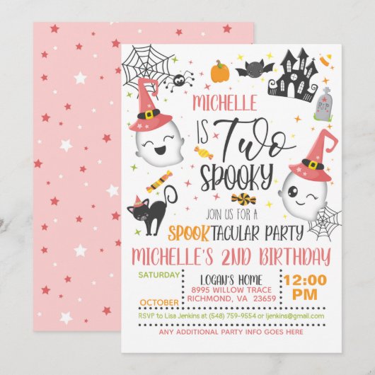 Twee Spooky Birthday Invitation - Girl White Kaart (Voorkant / Achterkant)