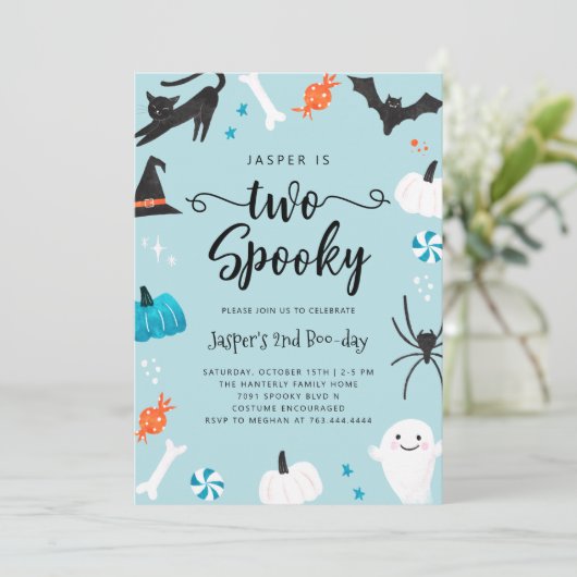 TWEE spooky Blue Halloween Birthday Party Kaart (Staand voorkant)