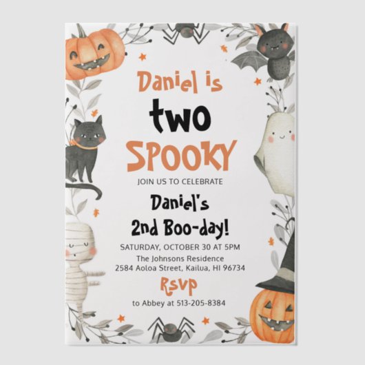 Twee spooky Cute Halloween Ghost 2e verjaardag Vellum Uitnodigingen (Voorkant)