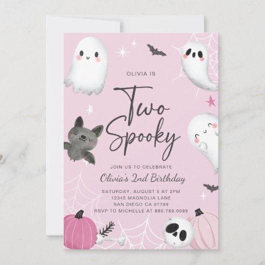 Twee Spooky Pink Ghost Tweede Verjaardag uitnodigi Kaart (Voorkant)