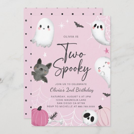 Twee Spooky Pink Ghost Tweede Verjaardag uitnodigi Kaart (Voorkant / Achterkant)
