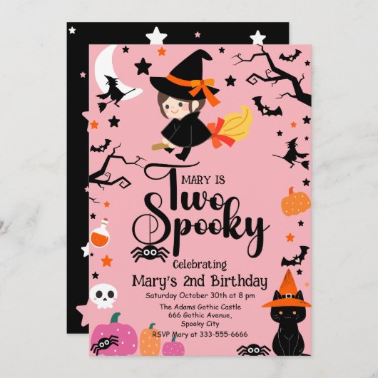 Twee Spooky Pink Witchy Halloween Verjaardagsfeest Kaart (Voorkant / Achterkant)