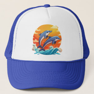 Twee springende cartoondolfijnen trucker pet
