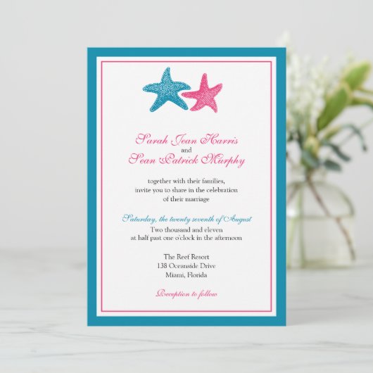 Twee Starfish Peacock en roze bruiloft Kaart (Staand voorkant)