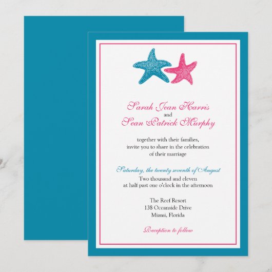 Twee Starfish Peacock en roze bruiloft Kaart (Voorkant / Achterkant)