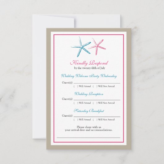 Twee Starfish Peacock- en roze RSVP-kaart RSVP Kaartje (Voorkant)