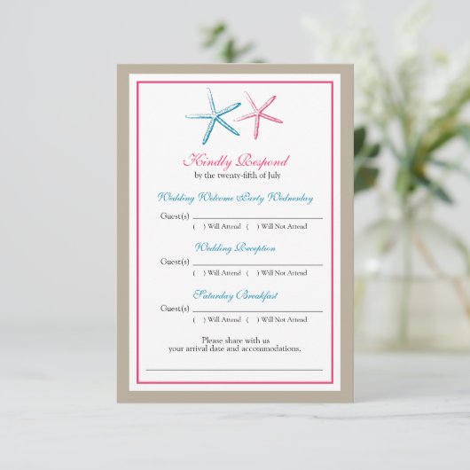 Twee Starfish Peacock- en roze RSVP-kaart RSVP Kaartje (Staand voorkant)