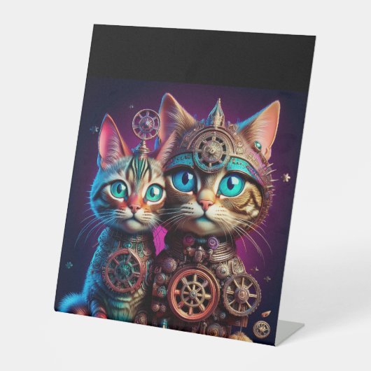 Twee Steampunk Kittens poseren Reclamebord Met Voetstuk (Voorkant)