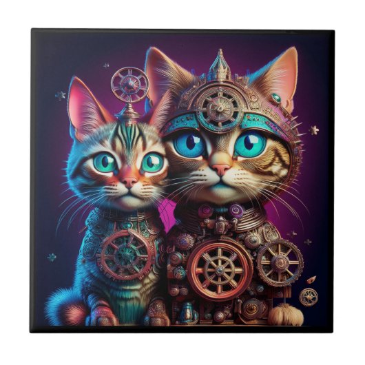 Twee Steampunk Kittens Poseren Tegeltje (Voorkant)