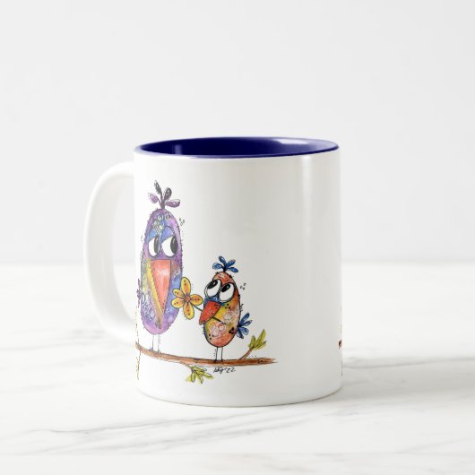 Twee stomme en gedode vogels tweekleurige koffiemok (Voorkant links)