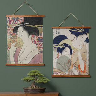 Twee stuks: Uitstekende Vintage Japanse Geisha Kun Hangend Wandkleed